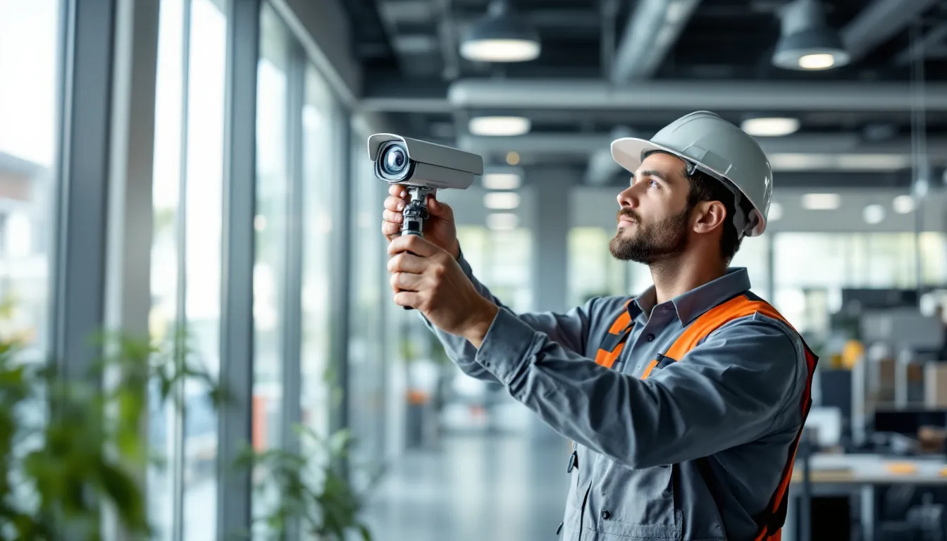 Técnico trabalhando em uma instalação de câmera de segurança
